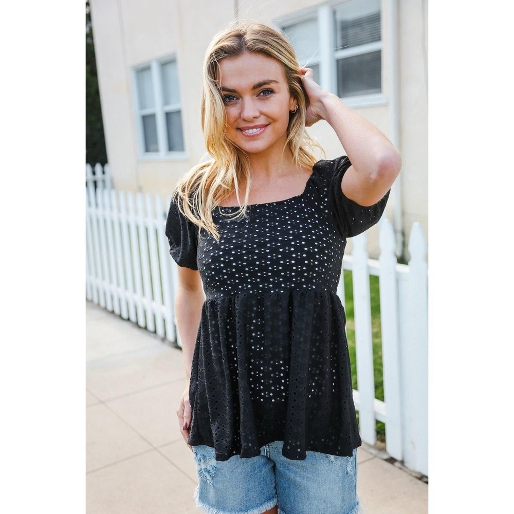 Haptics Black Eyelet Babydoll Top, S, Square Neck Puff Sleeves, NWOT